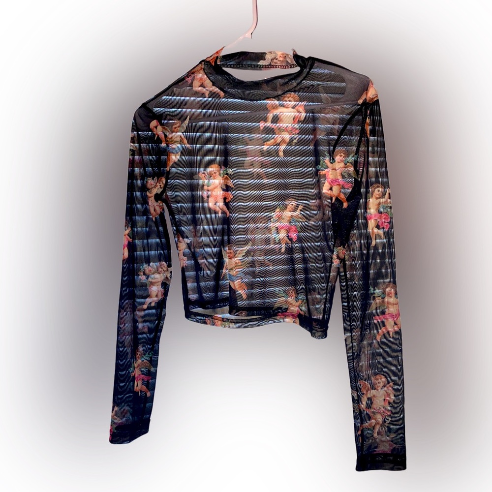 Sheer Baby Angels Black Long-Sleeve Size S SHEIN Crop Top